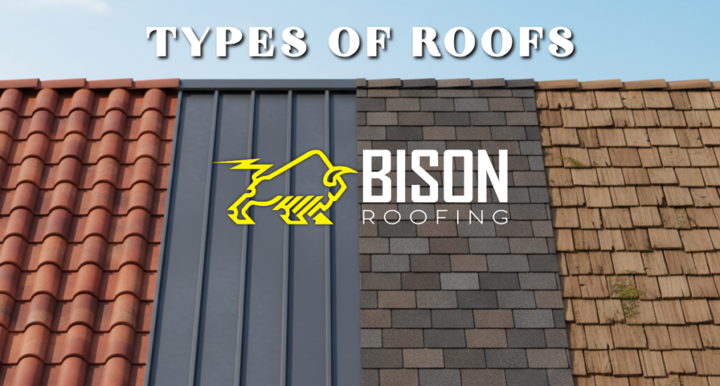 A comparison of two popular types of roofing in San Antonio: a durable charcoal standing seam metal roof on the left and a classic weathered wood asphalt shingle roof on the right.