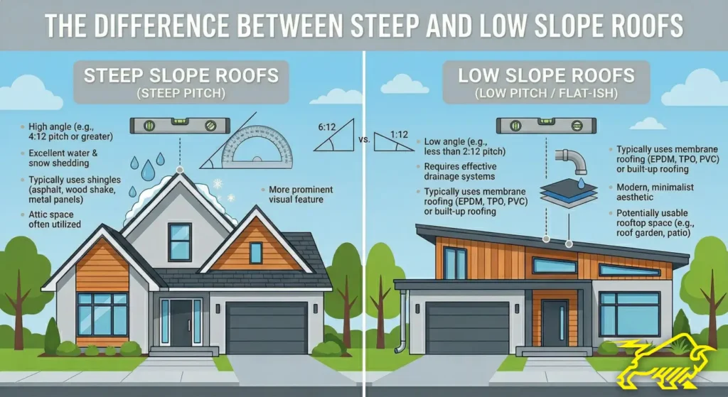 Steep Slope vs. Low Slope Roofing: A Homeowner's Guide Steep Slope vs. Low Slope Roofing: A Homeowner's Guide