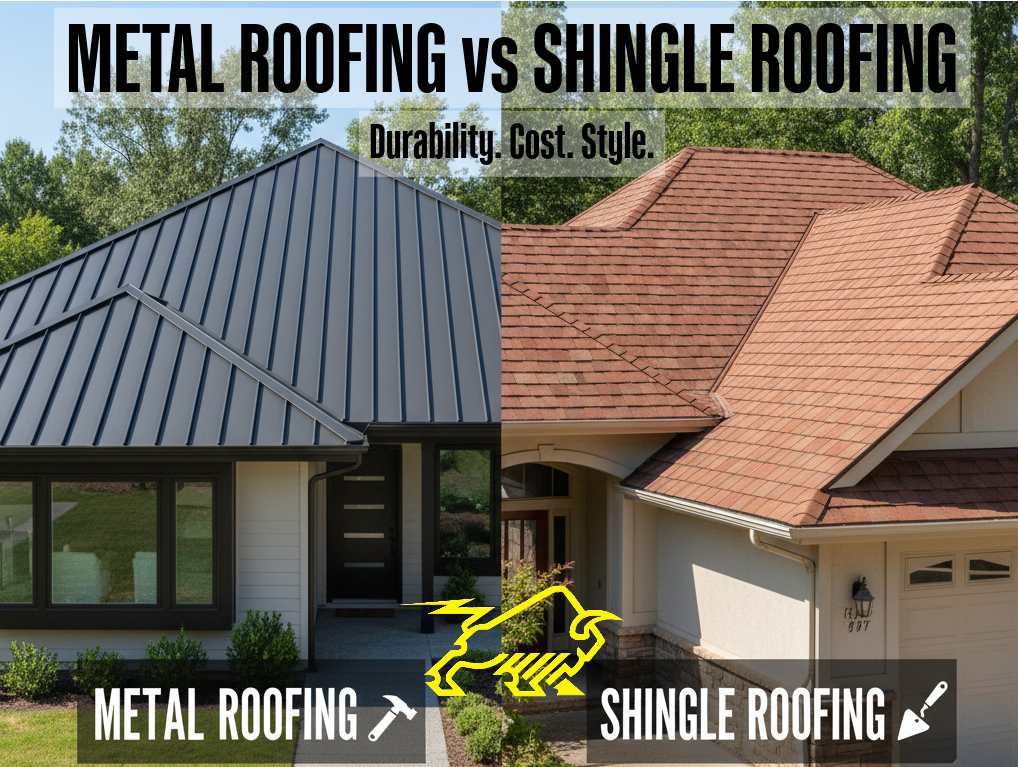A side-by-side comparison of a modern house with grey standing seam metal roofing and a traditional house with brown asphalt shingle roofing.