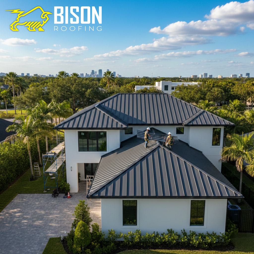 Different Metal Roofs in San Antonio Close-up of a modern matte charcoal gray standing seam metal roof with clean vertical ribs and hidden fasteners on a residential home.