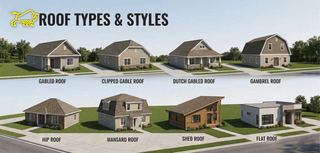 8 Common Roof Types Infographic showing 8 common residential roof types: gable, hip, mansard, shed, flat, gambrel, and more.