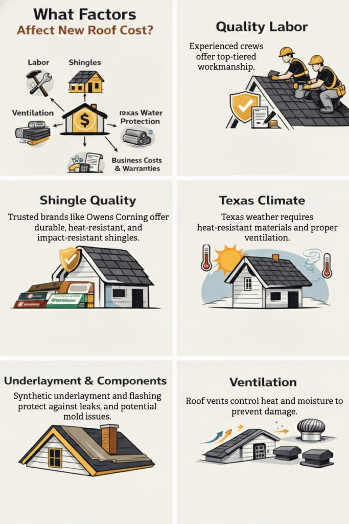 Infographic showing factors affecting new roof costs in San Antonio by Bison Roofing, featuring Owens Corning shingles.