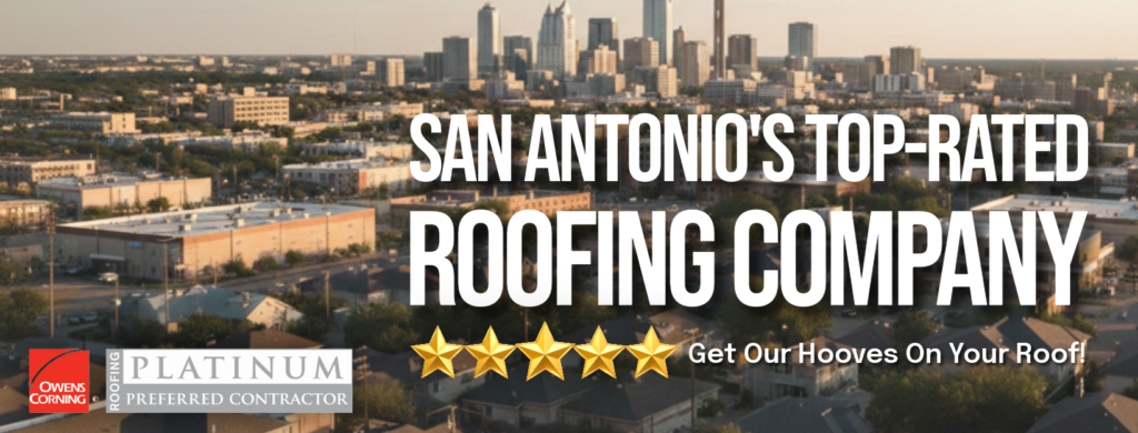 San Antonio's Elite: The Top 3 Roofing Companies Dominating the Market Aerial view of the San Antonio skyline at sunset with text overlay reading "San Antonios's Top Rated Roofing Company."