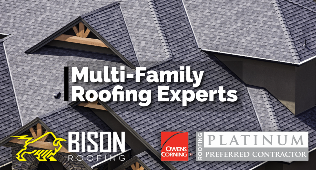 Multi-Family Roofing in San Antonio Texas Bison Roofing logo and Owens Corning Platinum Preferred Contractor badge overlaying a high-quality multi-family re-roofing project in San Antonio.