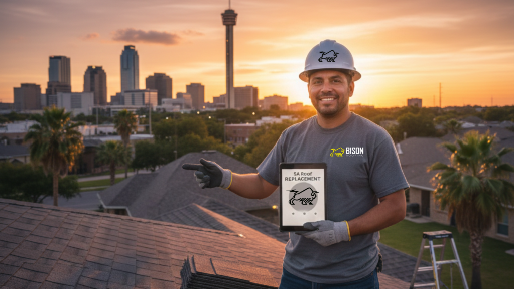 How Long Does a San Antonio Roof Replacement Take? | 2026 Guide Bison Roofing expert explaining the San Antonio roof replacement timeline to a homeowner.