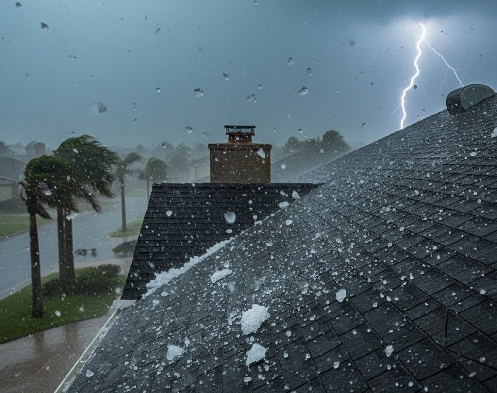 When the Skies Turn Gray: Navigating Hail and Storm Damage in McAllen Residential roof shingles suffering hail damage in McAllen, featuring significant hailstone accumulation and a severe thunderstorm with a lightning strike in the background.