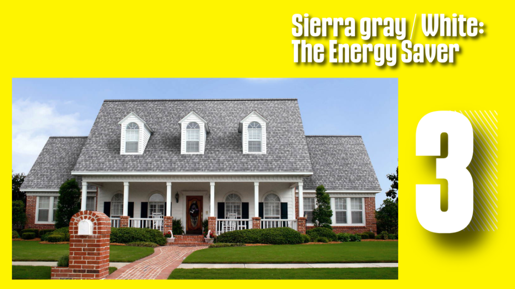 Top 3 Shingle Colors for the RGV: Style Meets Survival Graphic overlay for the number three top shingle color in the RGV: Sierra Gray and White. Large text reads 'Sierra gray / White: The Energy Saver' above a realistic photo of a large traditional home with light gray and white variegated architectural shingles.