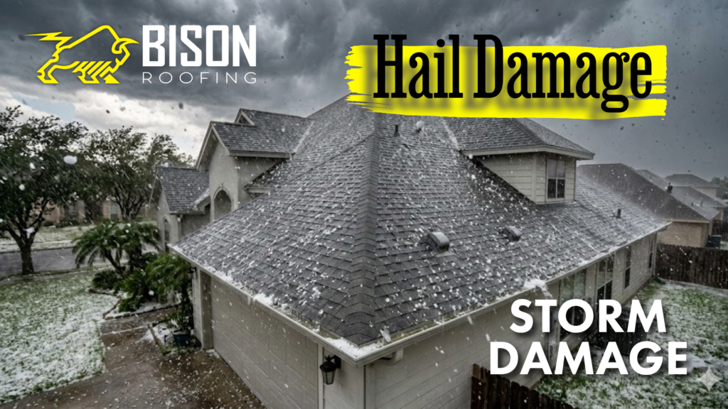 High-angle view of a residential home in McAllen, Texas, during a severe hail storm with large hailstones hitting the roof shingles.