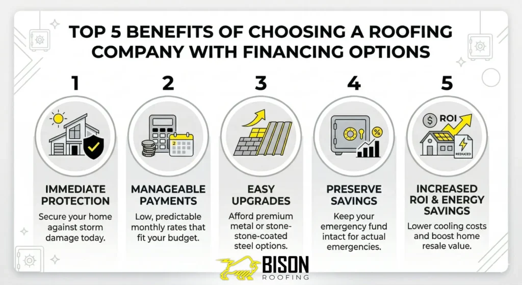 Infographic showing the top 5 benefits of a roofing company with financing options in San Antonio, including low monthly payments and easy material upgrades.
